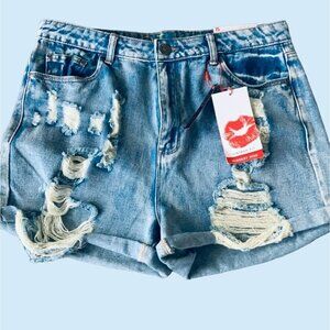 HOT KISS JUNIORS DISTRESSED 5 POCKET BLUE DENIM SHORT NEW SIZE 15